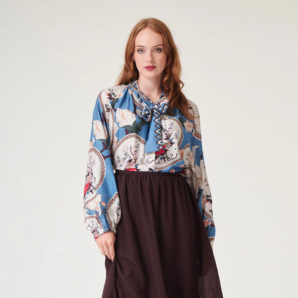 Blue Magnolia Plates Pussy Bow Shirt - Image 2