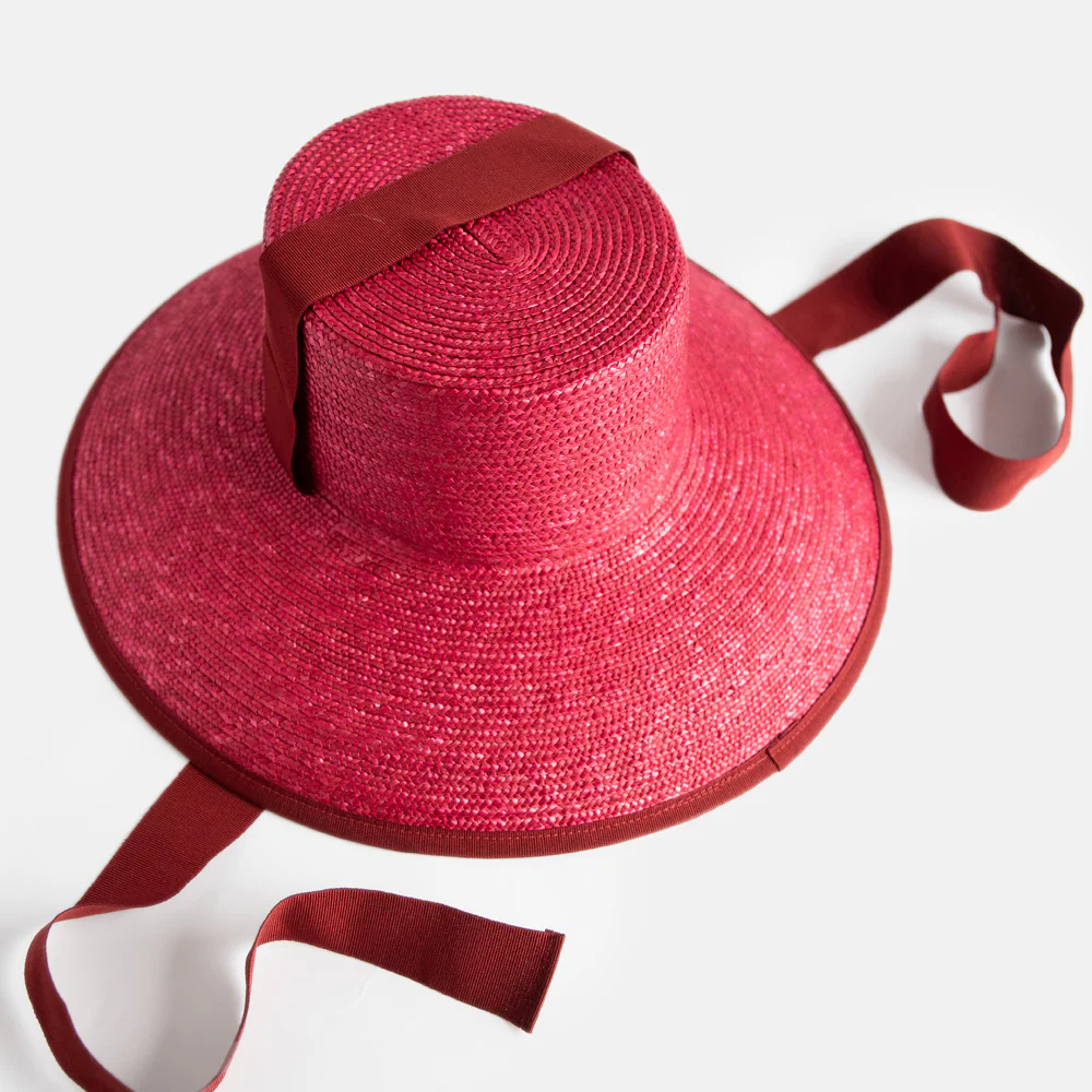 Burgundy Straw Hat With Ribbons - Image 2