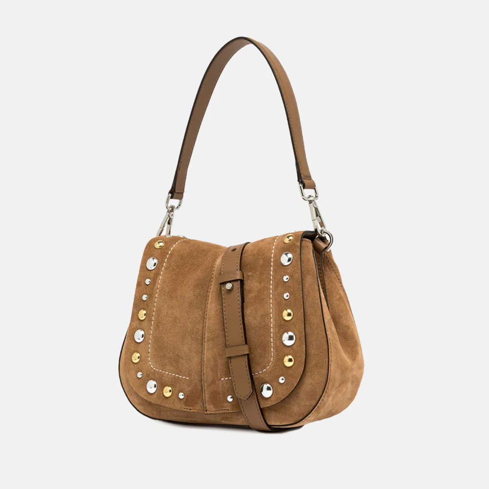 Caramel Suede Studded Helena Saddle Bag - Image 5