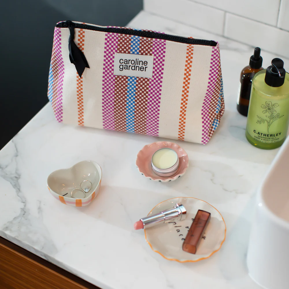 Checkerboard Stripe Coated Cotton Beauty Bag - Image 2