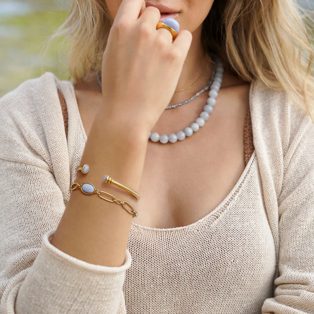 Gold & Blue Quartz Cabochon Bangle - Image 3