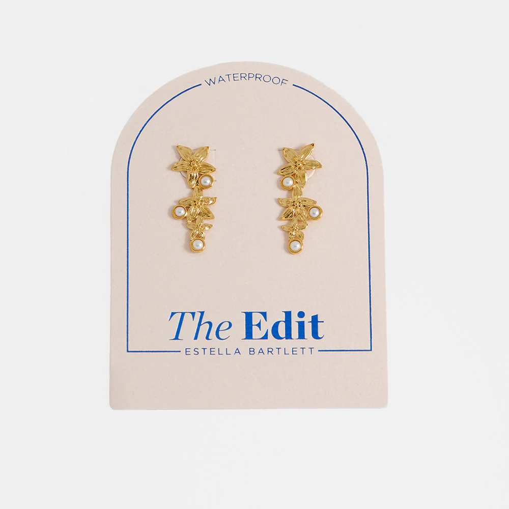Gold Flower & Pearl Drop Earrings - Image 3