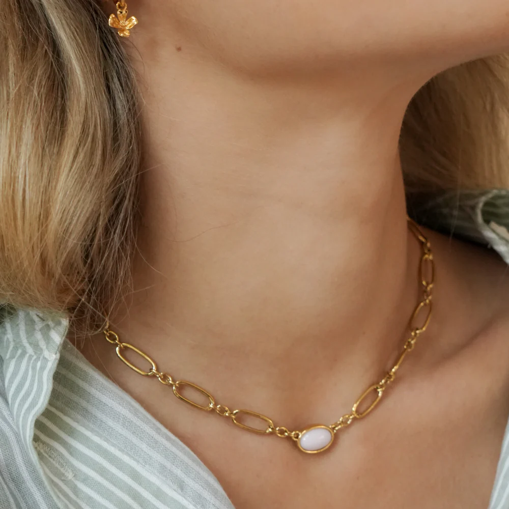 Gold Link & Rose Quartz Necklace - Image 2