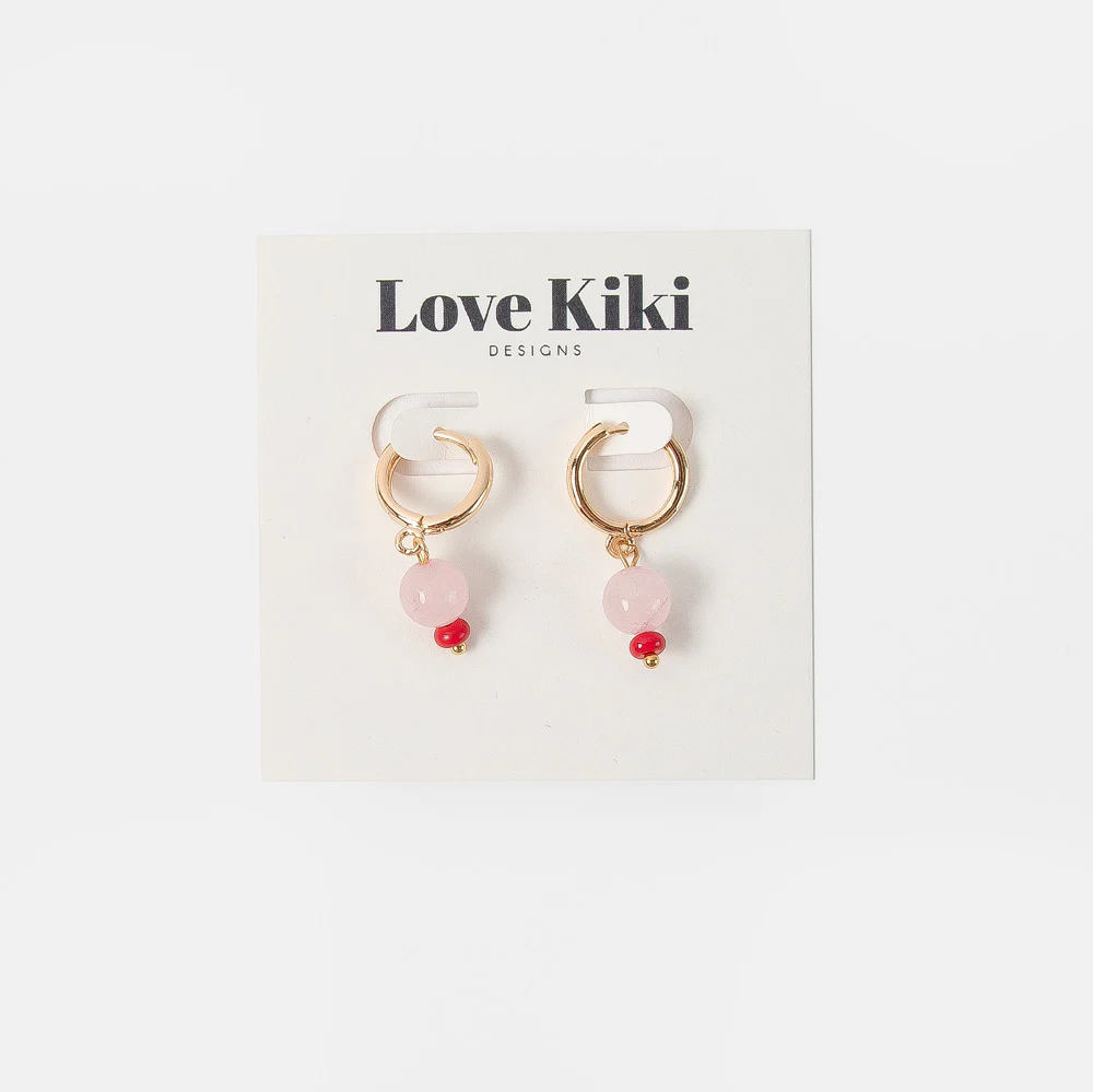 Gold & Pink Drop Hoop Earrings - Image 2