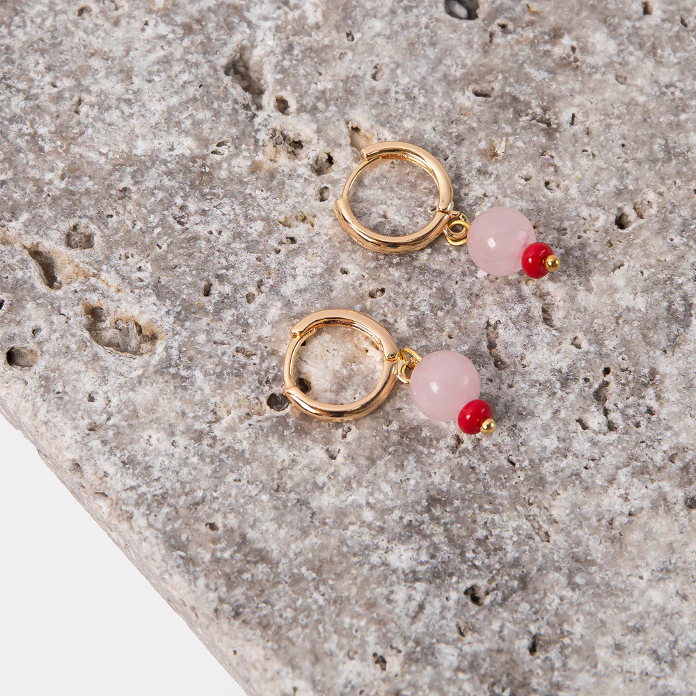 Gold & Pink Drop Hoop Earrings - Image 3