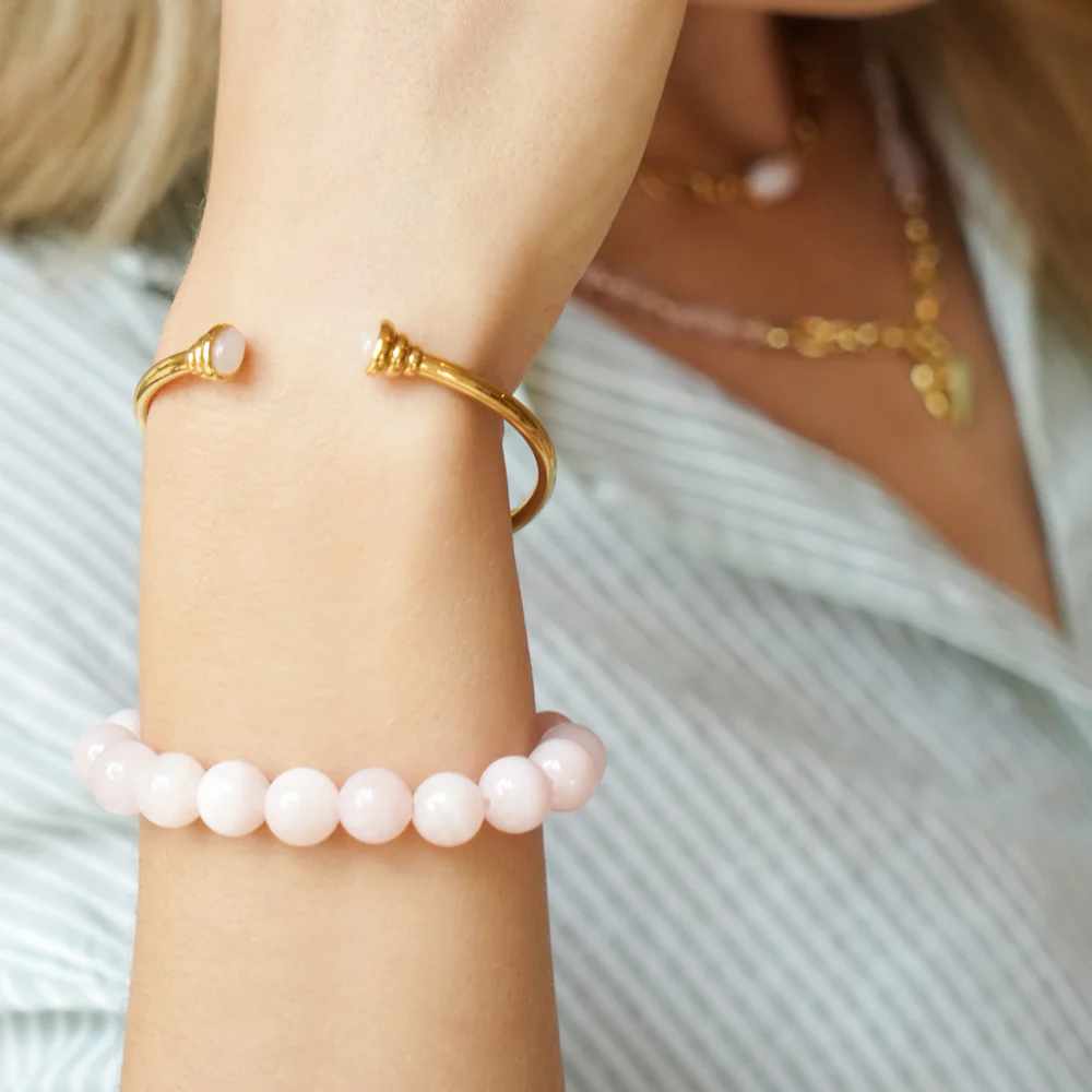 Gold & Rose Quartz Cabochon Bangle - Image 3