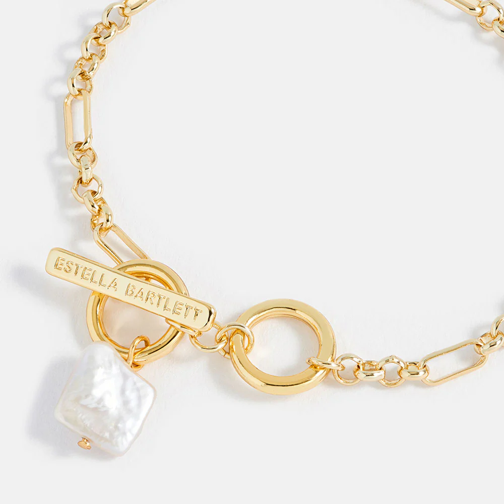 Gold Square Baroque Pearl T Bar Bracelet - Image 3
