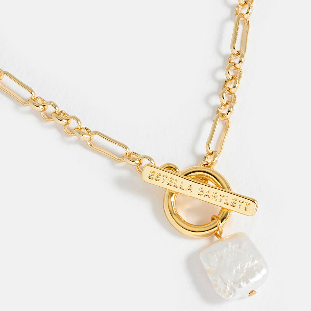 Gold Square Baroque Pearl T Bar Necklace - Image 2