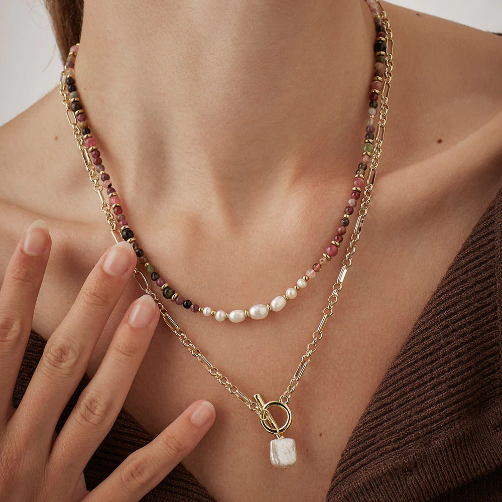 Gold Square Baroque Pearl T Bar Necklace - Image 3