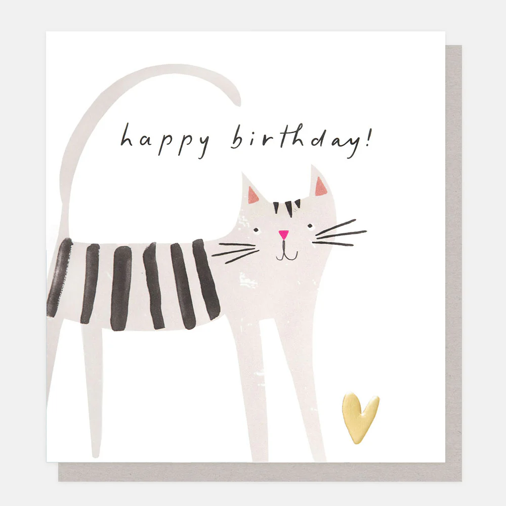 Grey Cat With Heart Birthday Card