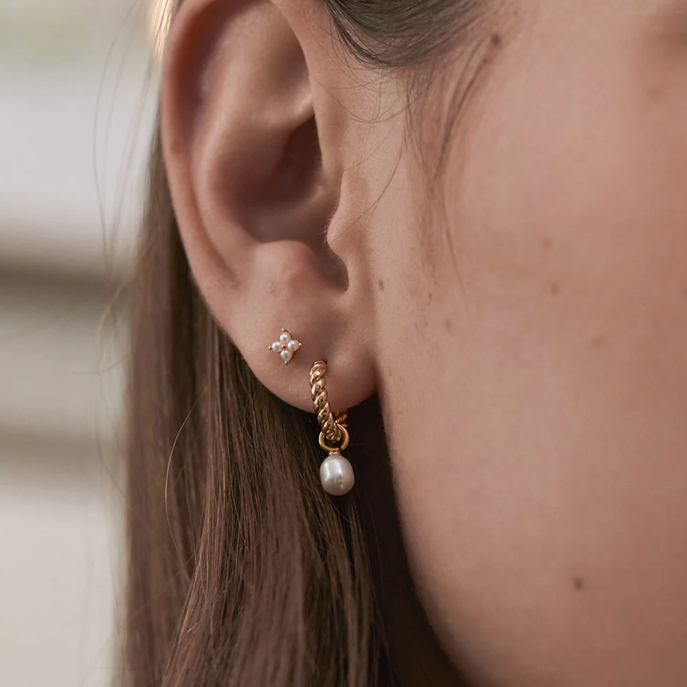 Gold & Pearl Flower Stud Earrings - Image 2