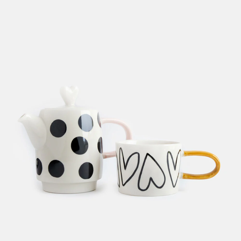 Mono Spots/Hearts Ceramic Teapot & Mug Set - Image 3