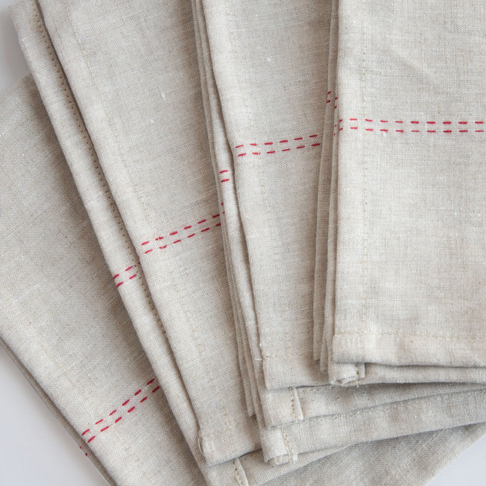 Natural/Red Linen Napkins Set of 4 - Image 3