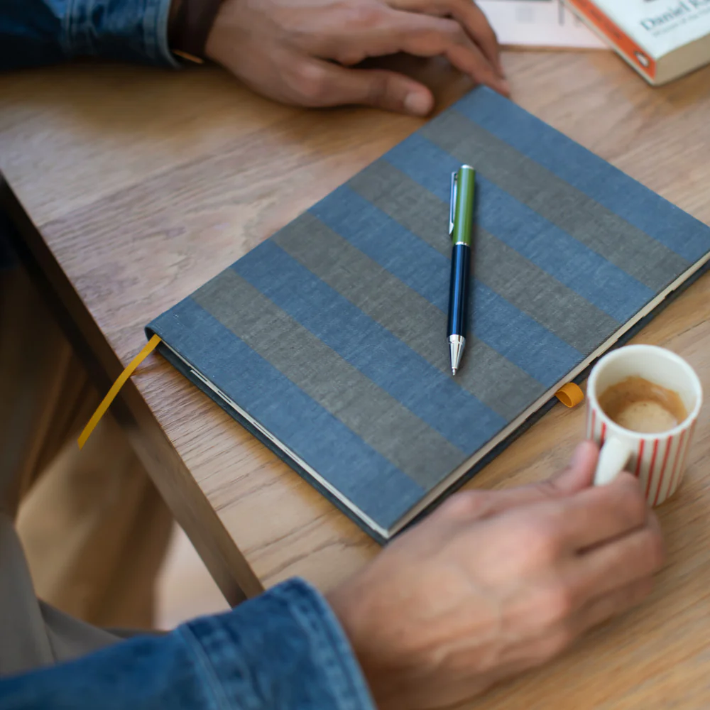 Navy/Khaki Stripe Casebound Notebook & Pen Set - Image 2
