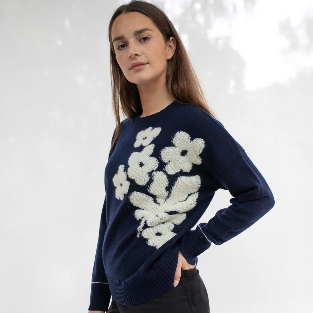Navy/White Flowers Cashmere Blend Jumper - Image 3