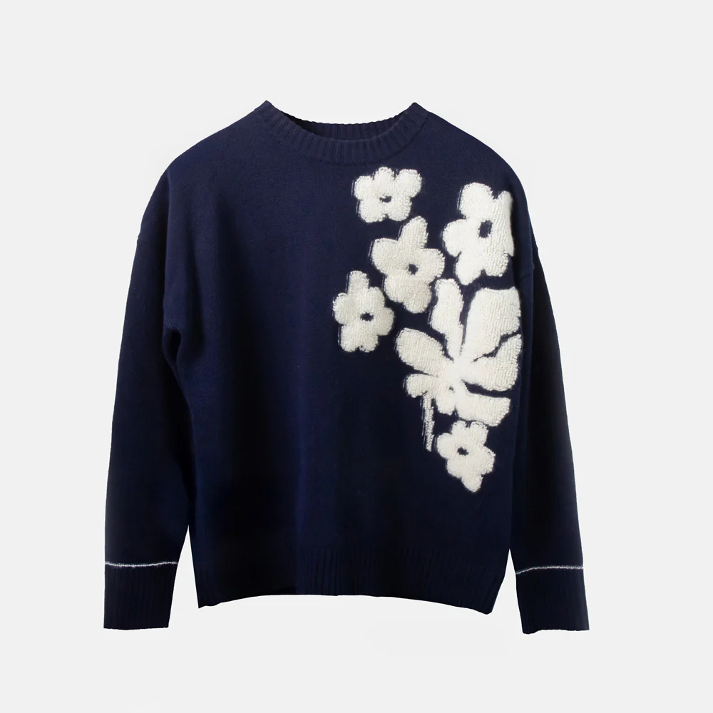 Navy/White Flowers Cashmere Blend Jumper - Image 5