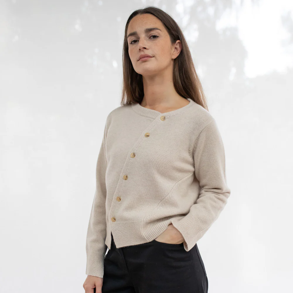Oatmeal Cashmere Asymmetric Cardigan - Image 3