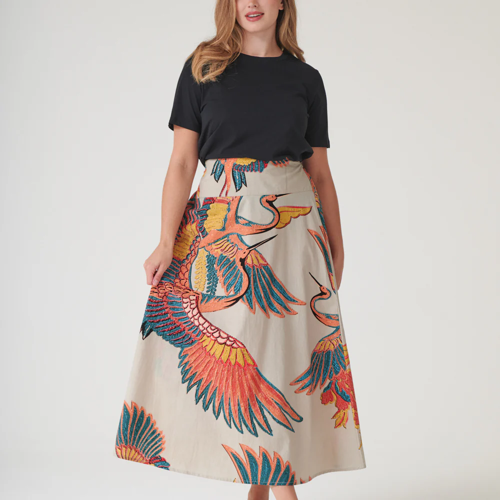 Orange Crane Cotton A-Line Skirt - Image 3