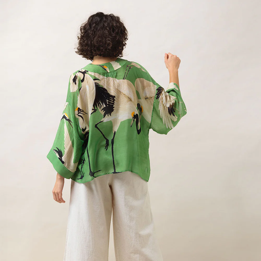 Pea Green Stork Short Kimono - Image 2