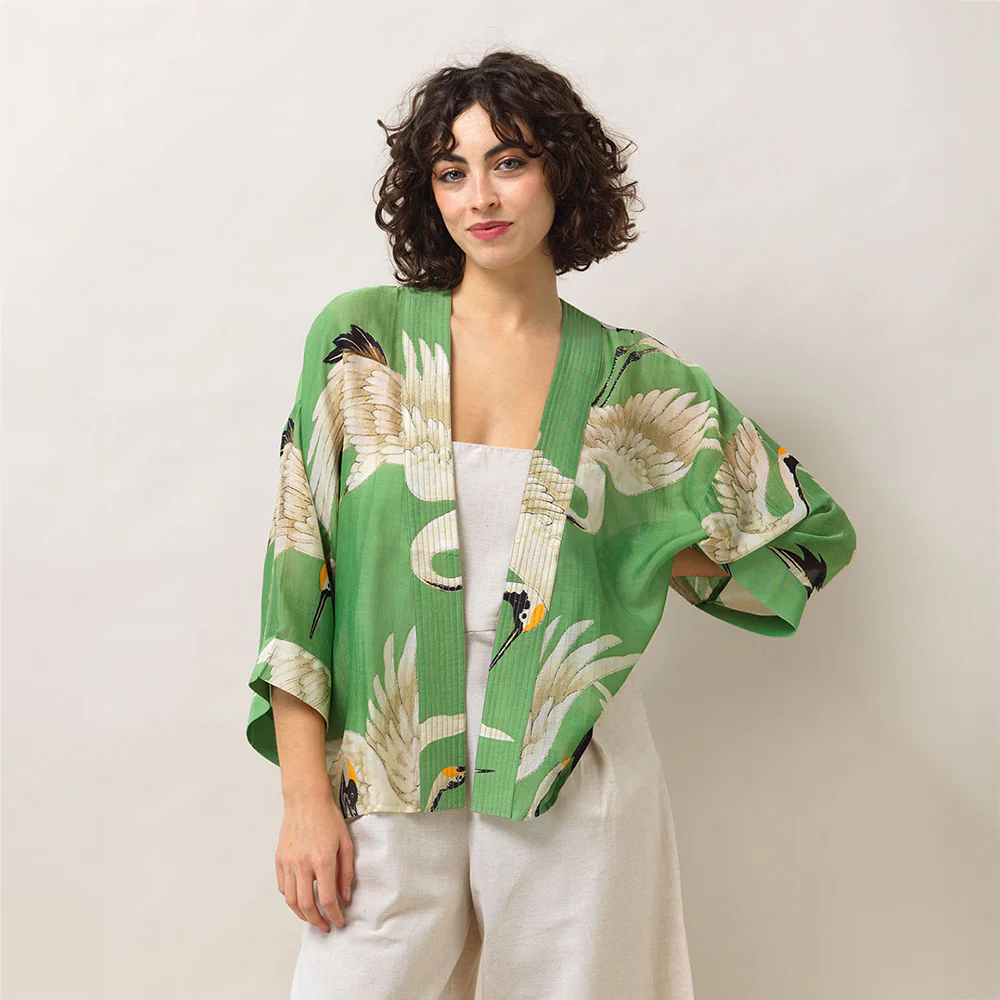 Pea Green Stork Short Kimono - Image 3