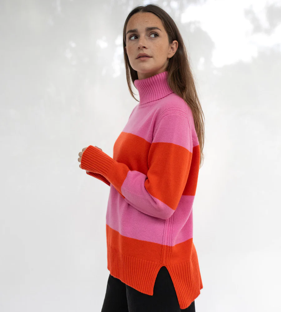 Pink/Orange Wide Stripe Cashmere Jumper - Image 3