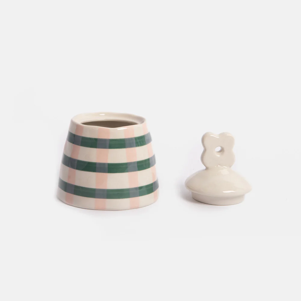 Pink & Green Check Stoneware Pot - Image 2