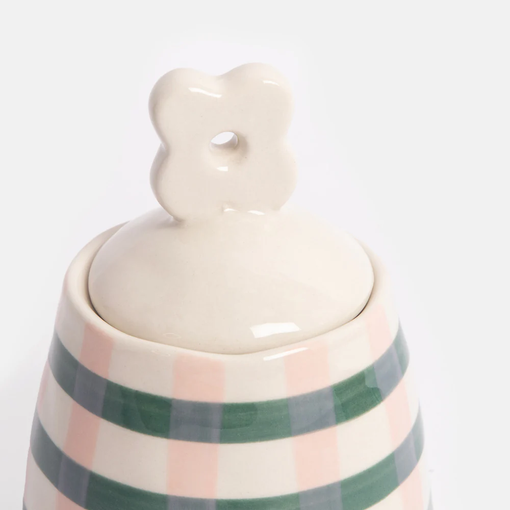 Pink & Green Check Stoneware Pot - Image 3